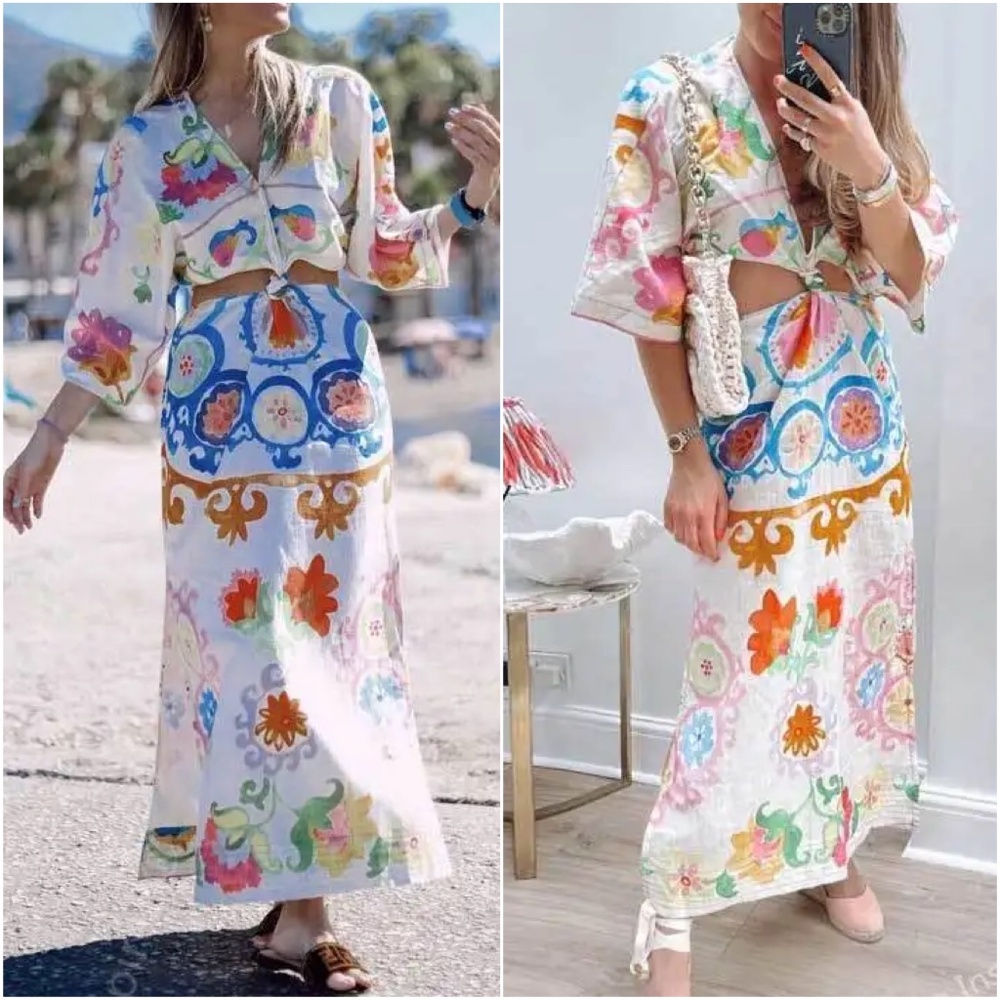 07 Boho Floral Tropical Print Cut out Short Sleeve Dress - Picture 7 of 7
